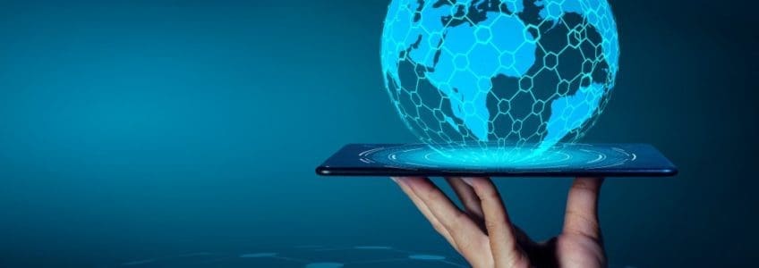 technology trends blue globe hovering over tablet